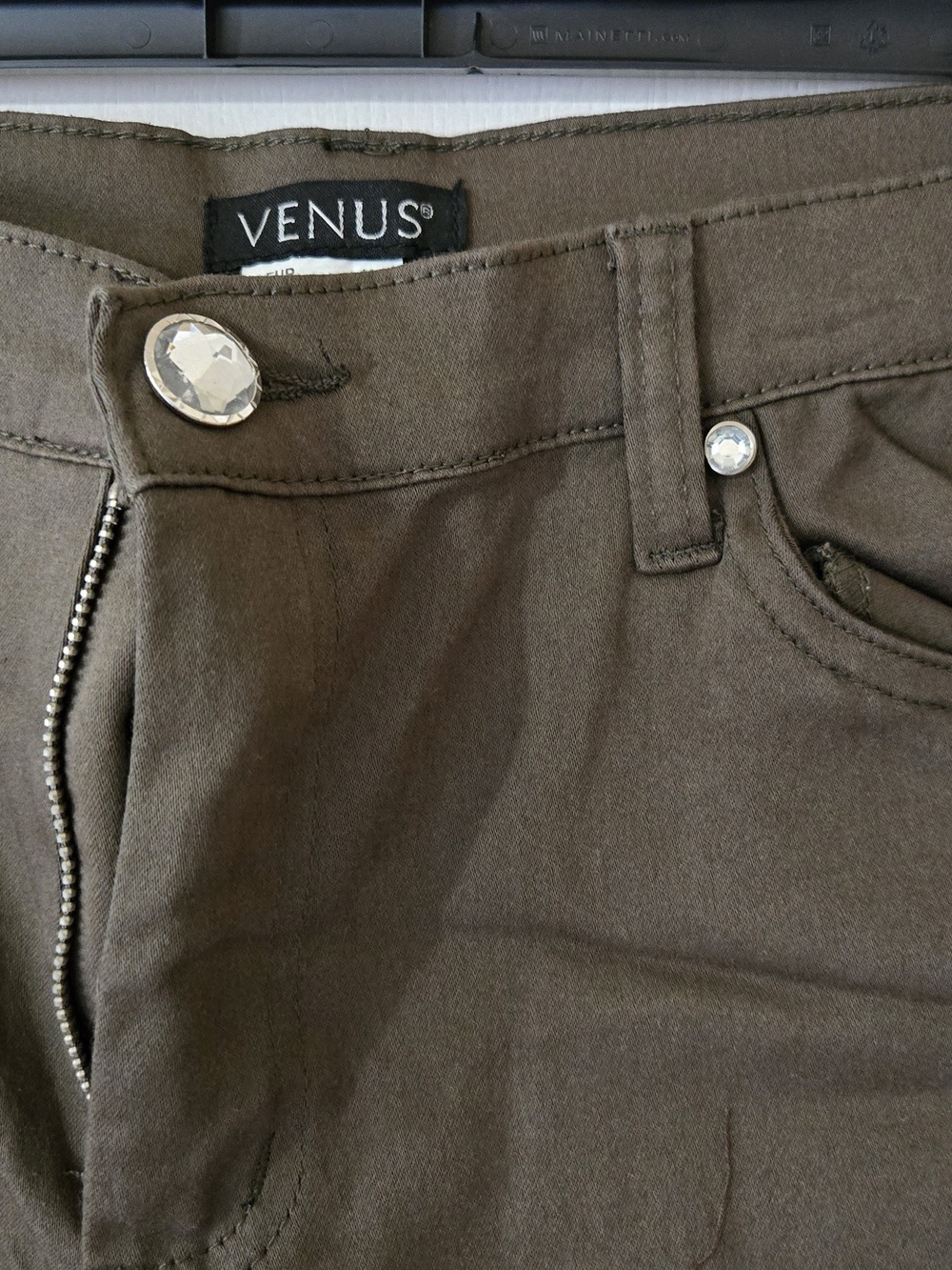 VENUS Women's Slim Olive Green Jeans with Jewel Accents